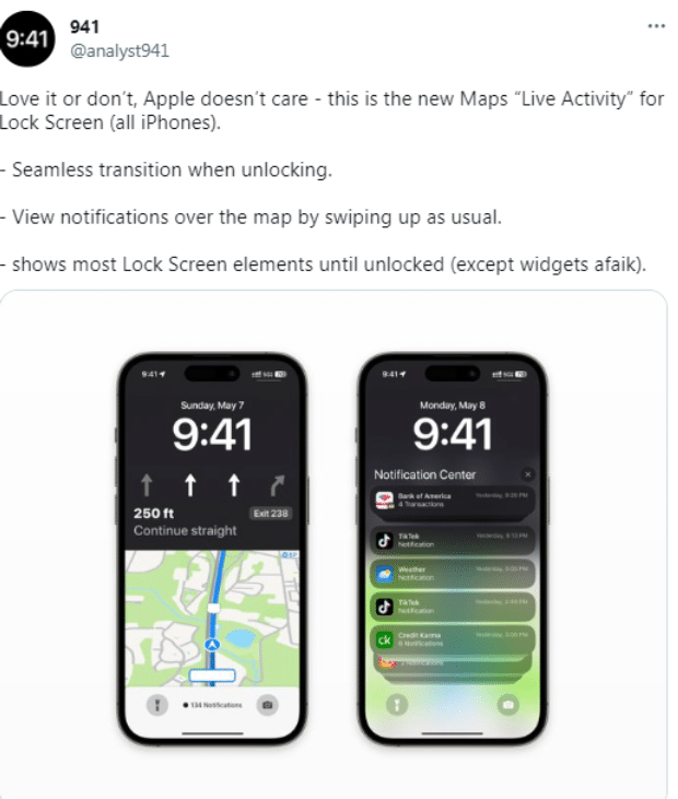 苹果 iOS 17 锁屏地图导航界面采用全新设计
