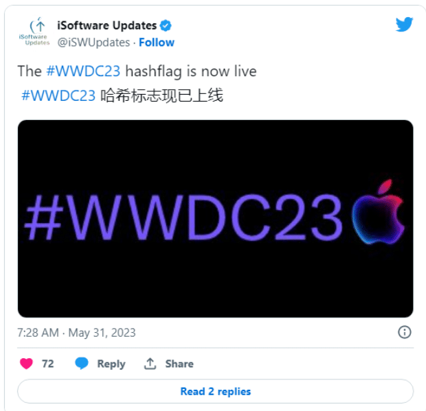 为迎接开发者大会，苹果在推特上启用 #WWDC23 Hashflag