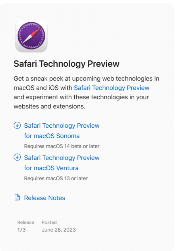 苹果发布 Safari 浏览器技术预览版 173:支持将网站添加到 Dock