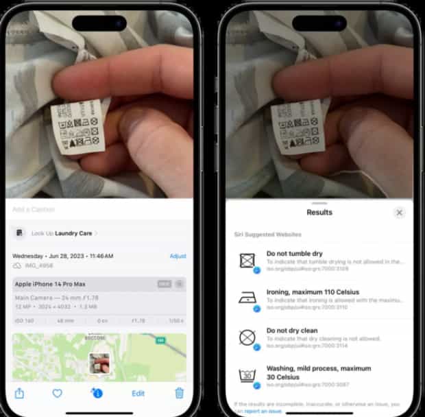 苹果 iOS 17 “看图查询”功能支持识别衣服洗涤标志
