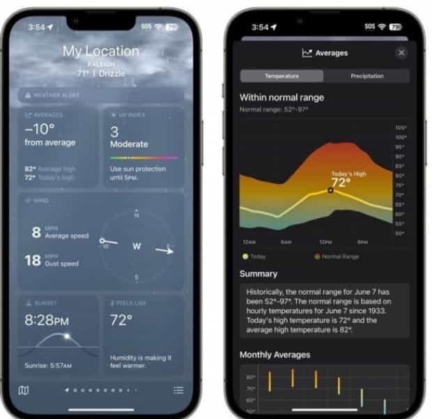 苹果 iOS 17 改进天气应用，支持回顾昨日天气