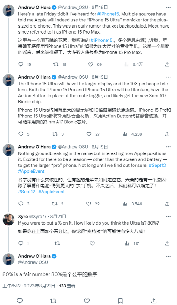 最新爆料：苹果计划今年启用“iPhone 15 Ultra”名称，可信度达 80%
