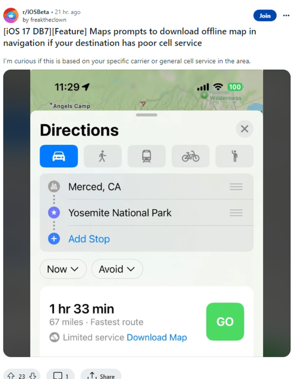 用户前往信号较差的地区时，iOS 17 将提前提醒下载离线地图
