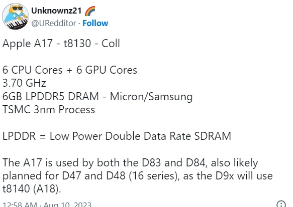 消息称苹果 iPhone 15 Pro 的 A17 芯片配备 6 核 CPU 和 6 核 GPU
