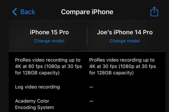苹果 iPhone 15 Pro 128GB 版只支持 1080p ProRes 视频录制，除非外接存储设备