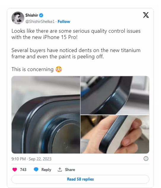 用户反馈：苹果 iPhone 15 Pro 开箱就存在掉漆等问题
