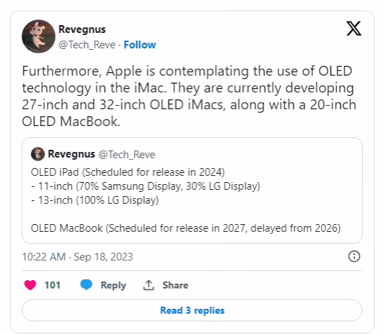消息称苹果正在测试 27/32 英寸 OLED iMac 以及 20 英寸的 OLED MacBook