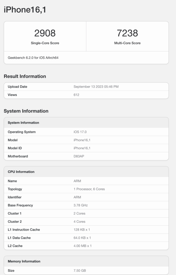 苹果 iPhone 15 Pro 现身 Geekbench：A17 Pro 跑分提升，确认 8GB 内存