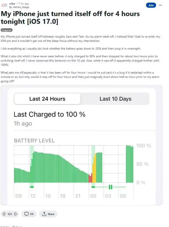 苹果用户反馈：iPhone 会在夜间自动关机，即便处于充电状态