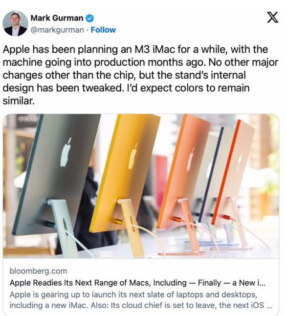消息称苹果将于 11 月 9 日发售搭载 M3 芯片的 Mac 新品