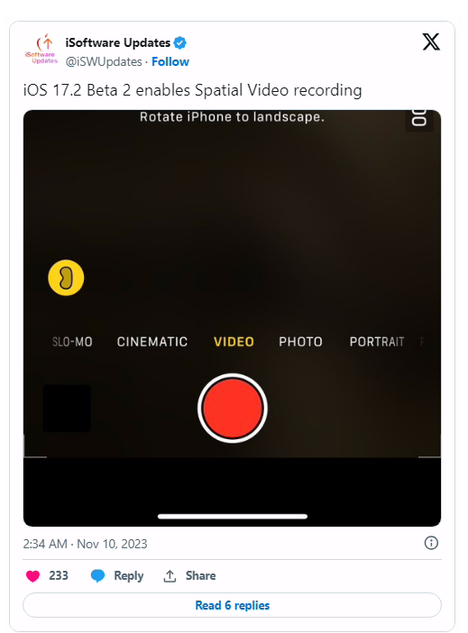 苹果发布 iOS 17.2 Beta 2：iPhone 15 Pro 系列支持拍摄空间视频