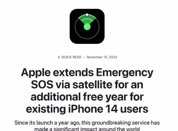苹果 iPhone 14 系列机型卫星紧急求救服务免费延长一年