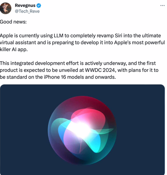 消息称苹果使用大语言模型改造 Siri，有望在 iOS 18 中推出