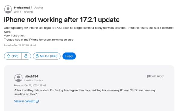 用户反馈：升级 iOS 17.2.1 后，iPhone 无法接打电话、蜂窝上网