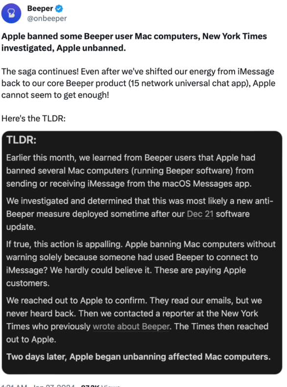 因部分 Mac 用户遭封禁，Beeper Mini 将放弃支持苹果 iMessage
