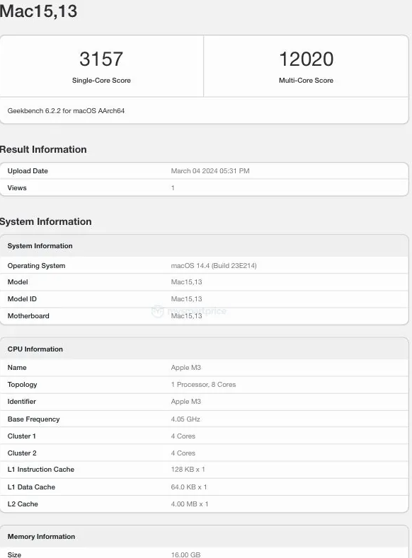 2024 新款苹果 MacBook Air 跑分出炉