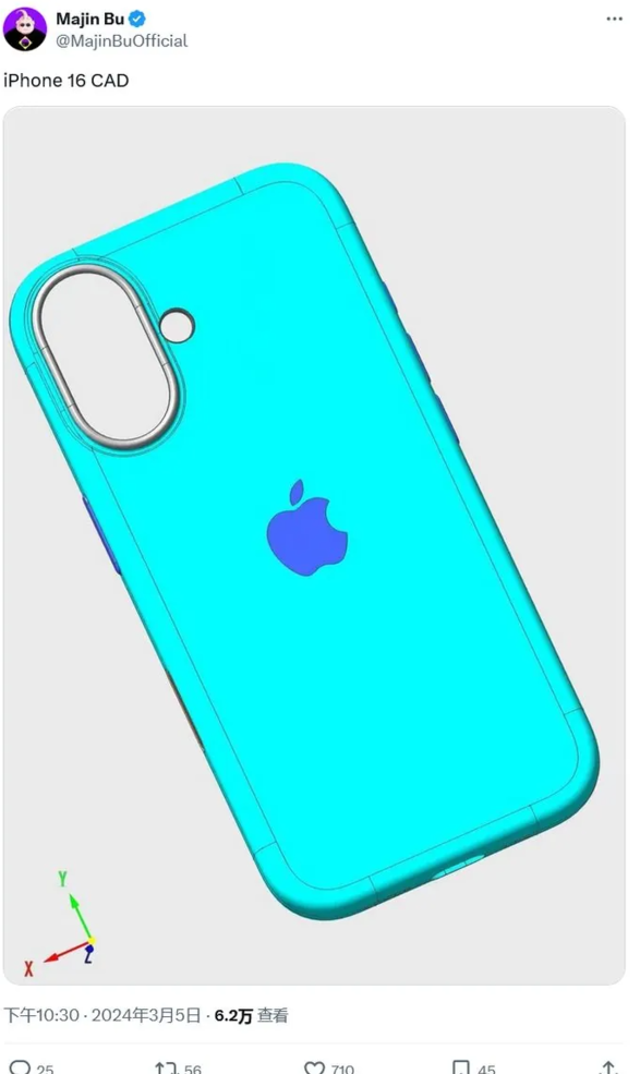 苹果 iPhone 16 渲染曝光：后置摄像头垂直排列