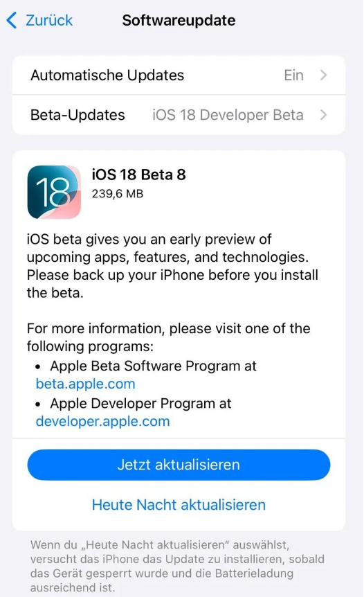 苹果 iOS / iPadOS 18 开发者预览版 Beta 8 发布
