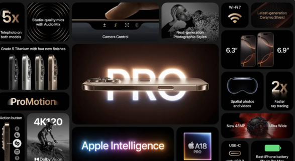 iPhone 16 Pro 系列屏幕更大，搭载 A18 Pro 芯片、相机控制按键支持录制 4K120 FPS 视频
