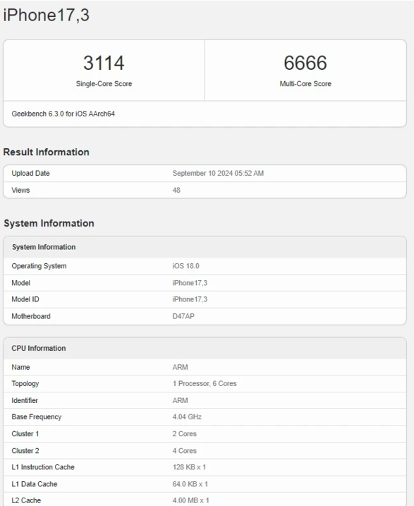 iPhone 16 跑分出炉：A18 处理器单核成绩 3114 分，多核低于 iPhone 15 Pro Max