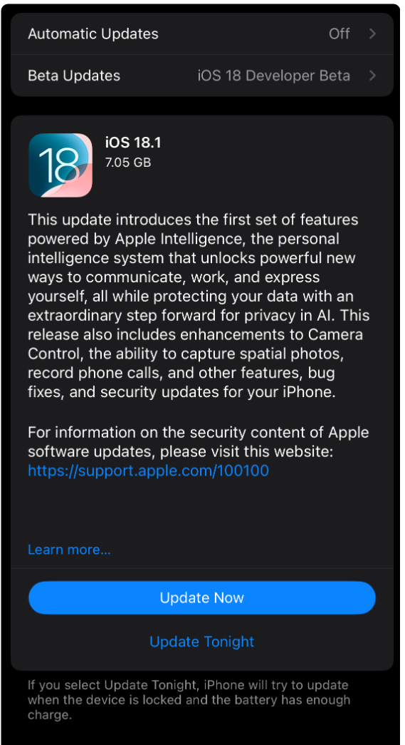 苹果 iOS 18.1 RC 发布，紧急修复 iPhone 16 / Pro 随机重启问题