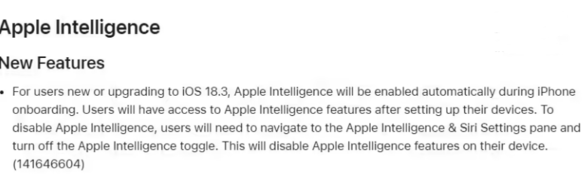 苹果 iOS 18.3 默认启用 Apple Intelligence 功能，用户可手动关闭