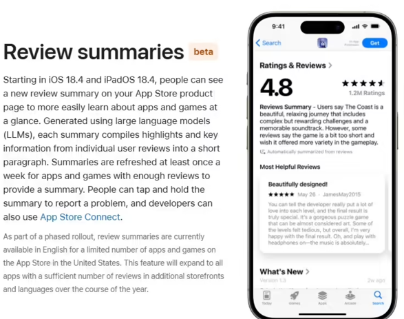 苹果 iOS 18.4 Beta 测试版为 App Store 引入 AI 评论摘要功能，年内扩展至更多语言及地区