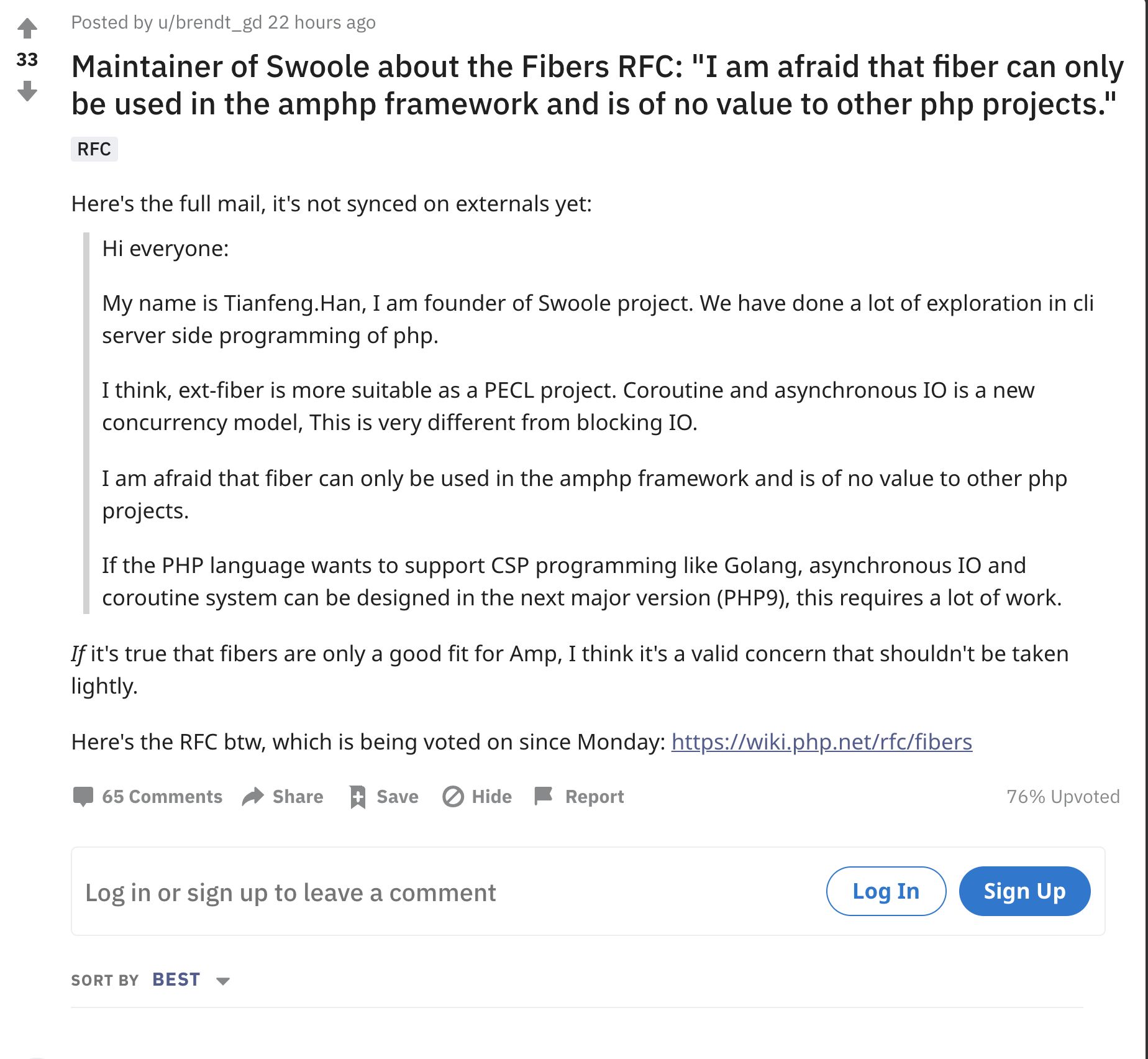 Swoole创始人和PHP创始人投反对票，协程提案 Fiber 引发激辩